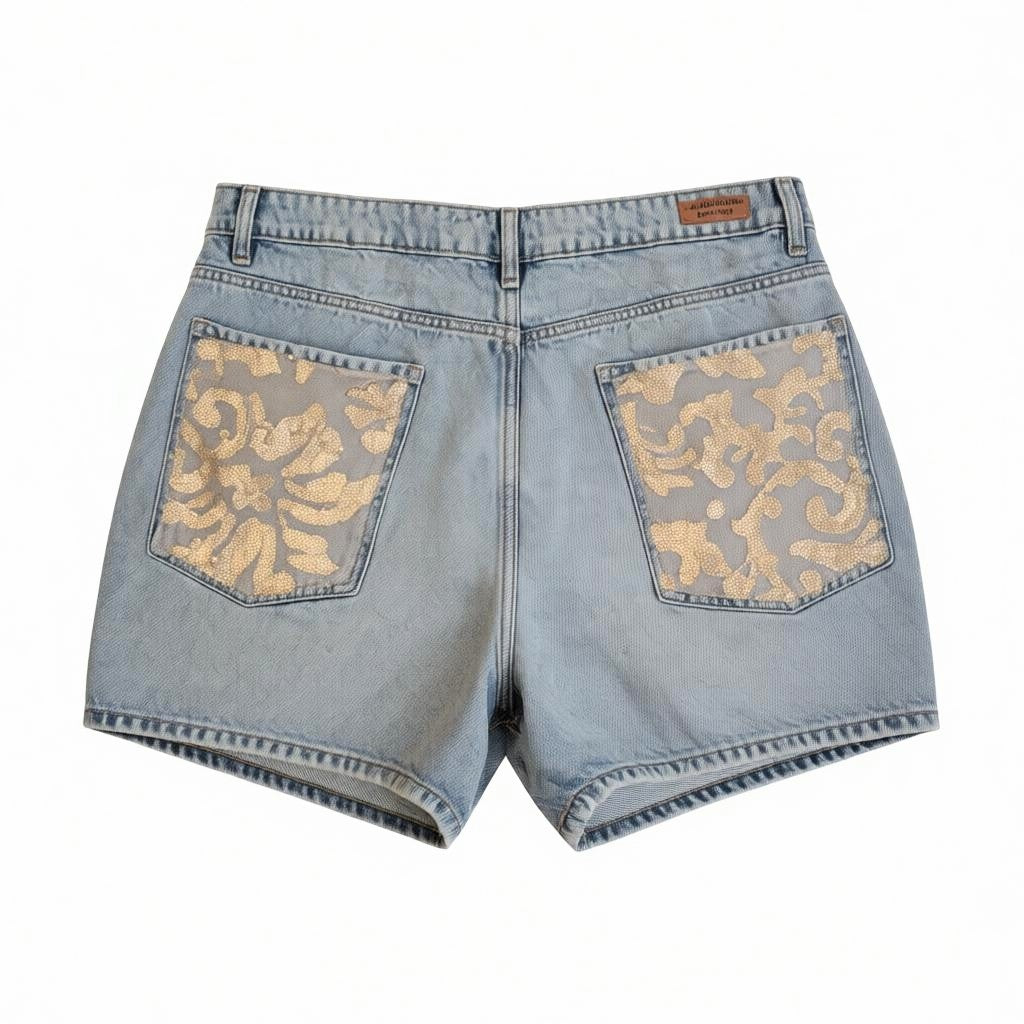 Gold sequined denim shorts