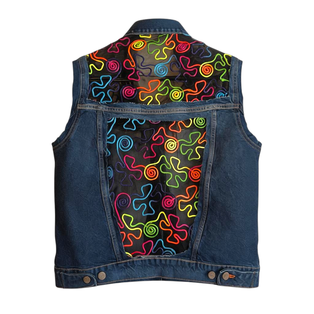 Neon embroidered tulle denim vest
