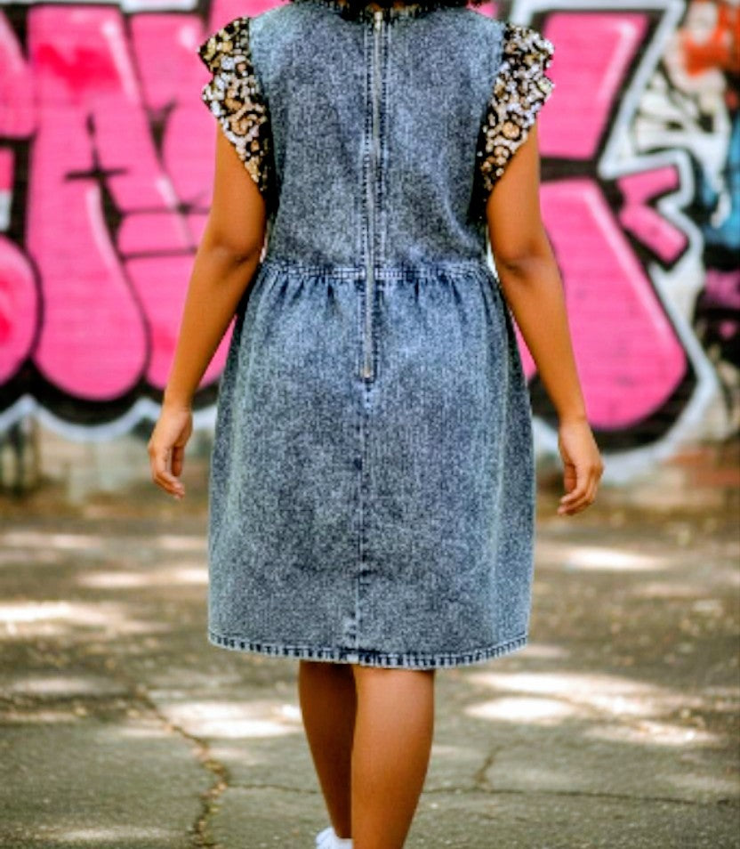 Leopard print sequins frill dress