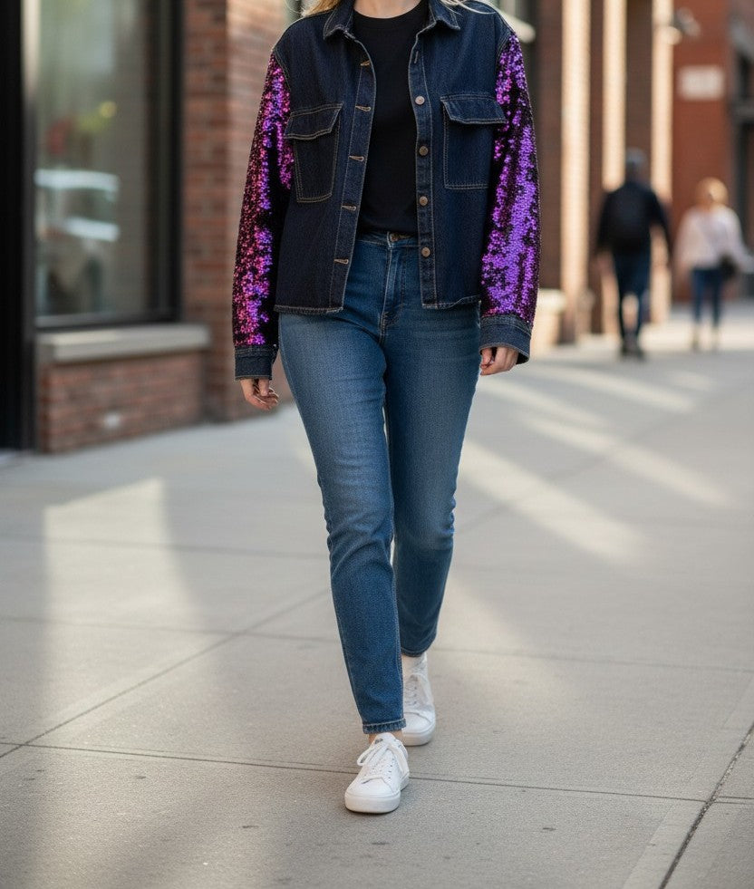 Sequins sleeved denim shirt/Jacket