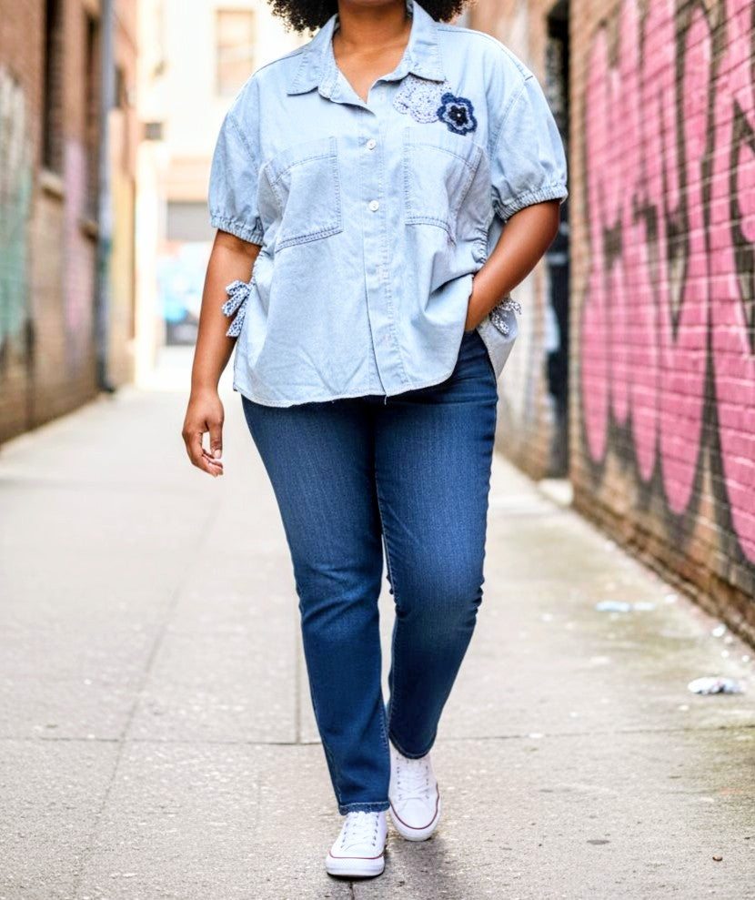 Sparkle flower tie-up shirt