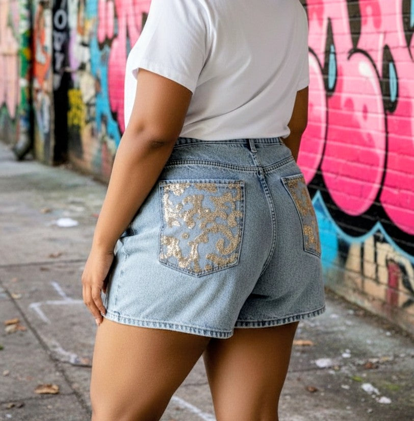 Gold sequined denim shorts