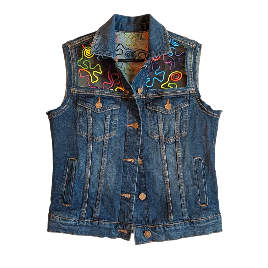 Neon embroidered tulle denim vest