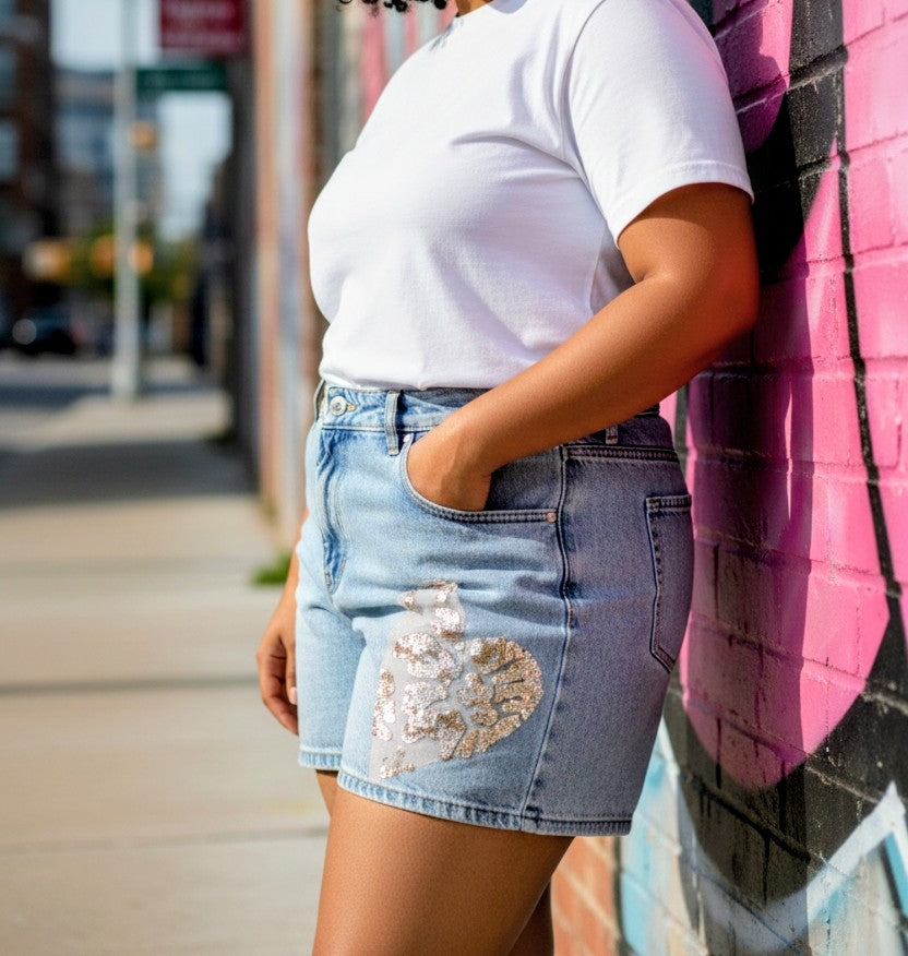 Gold sequined denim shorts