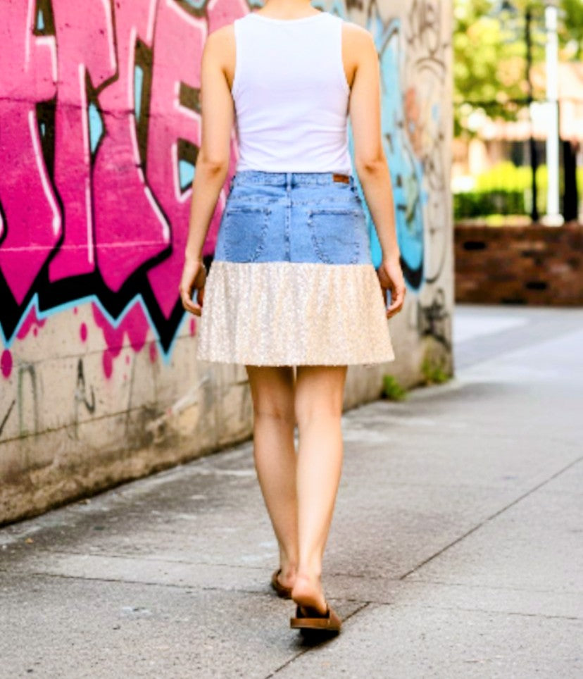 Denim sequins patchwork skirt