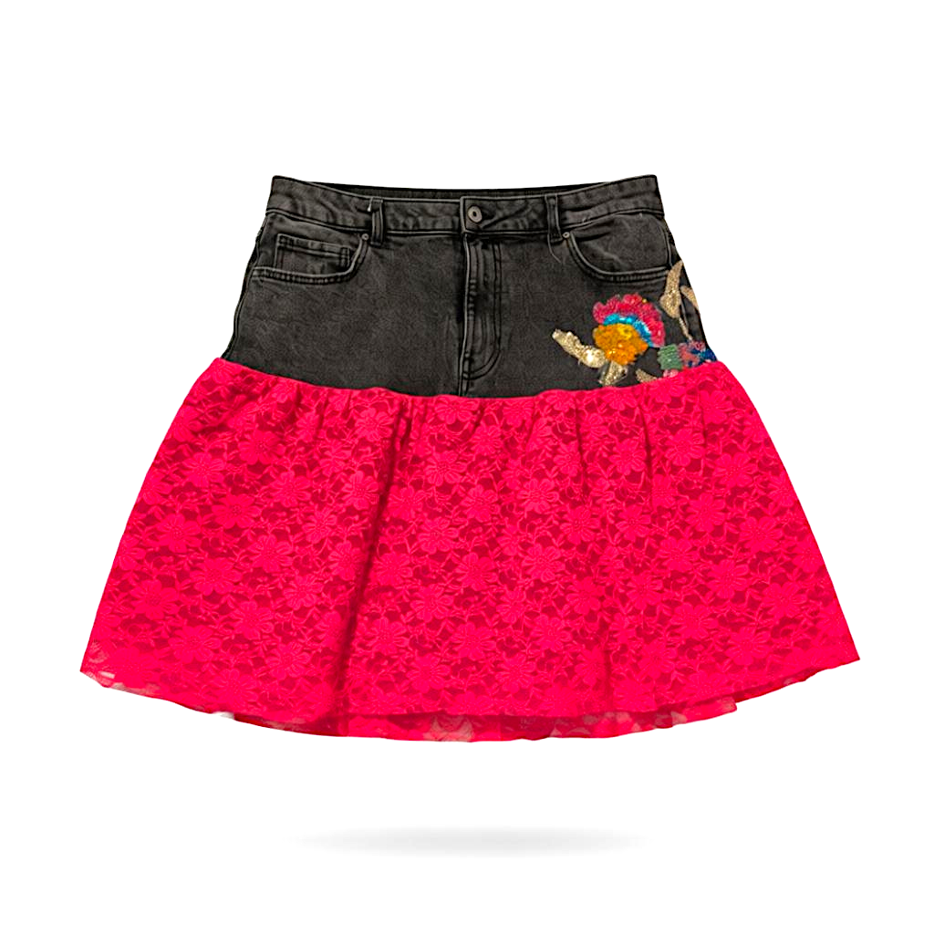Neon lace denim patchwork skirt