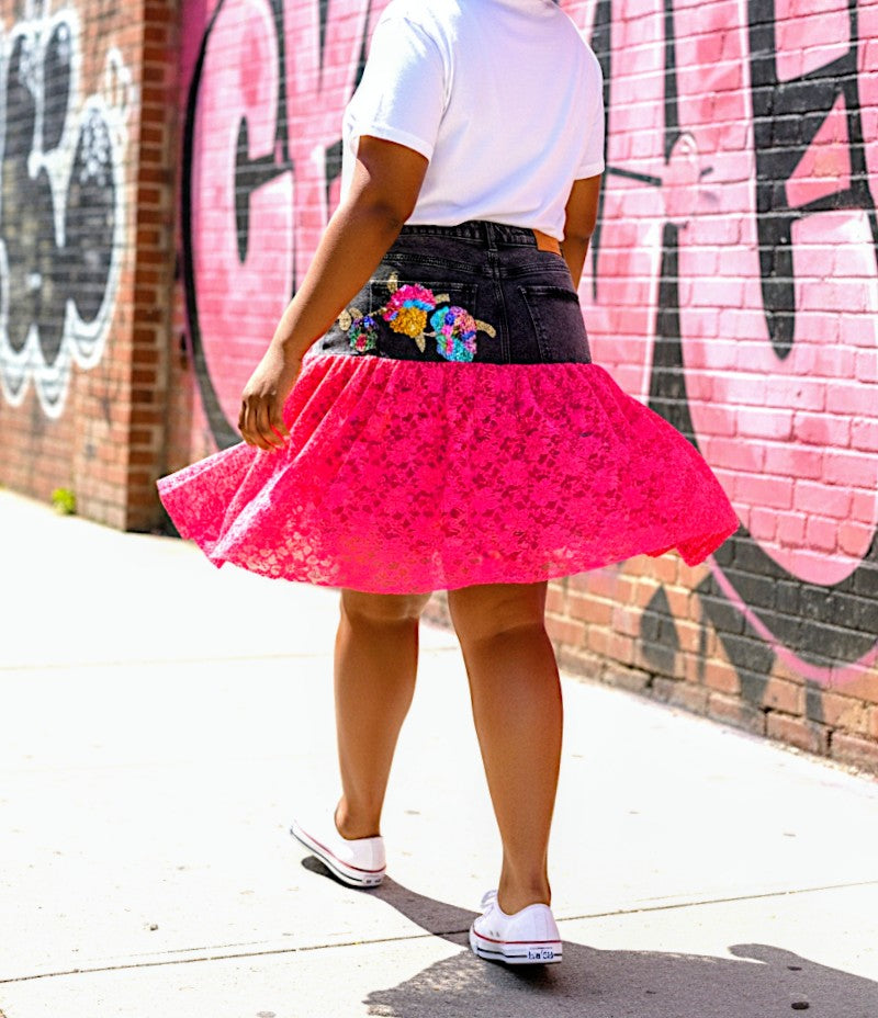 Neon lace denim patchwork skirt