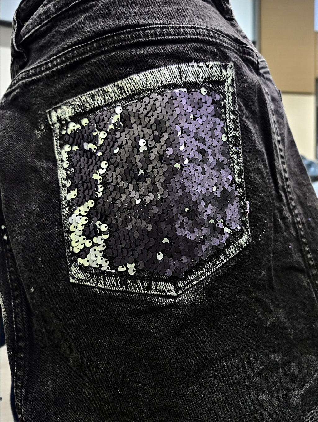 Silver sparkle denim skirt