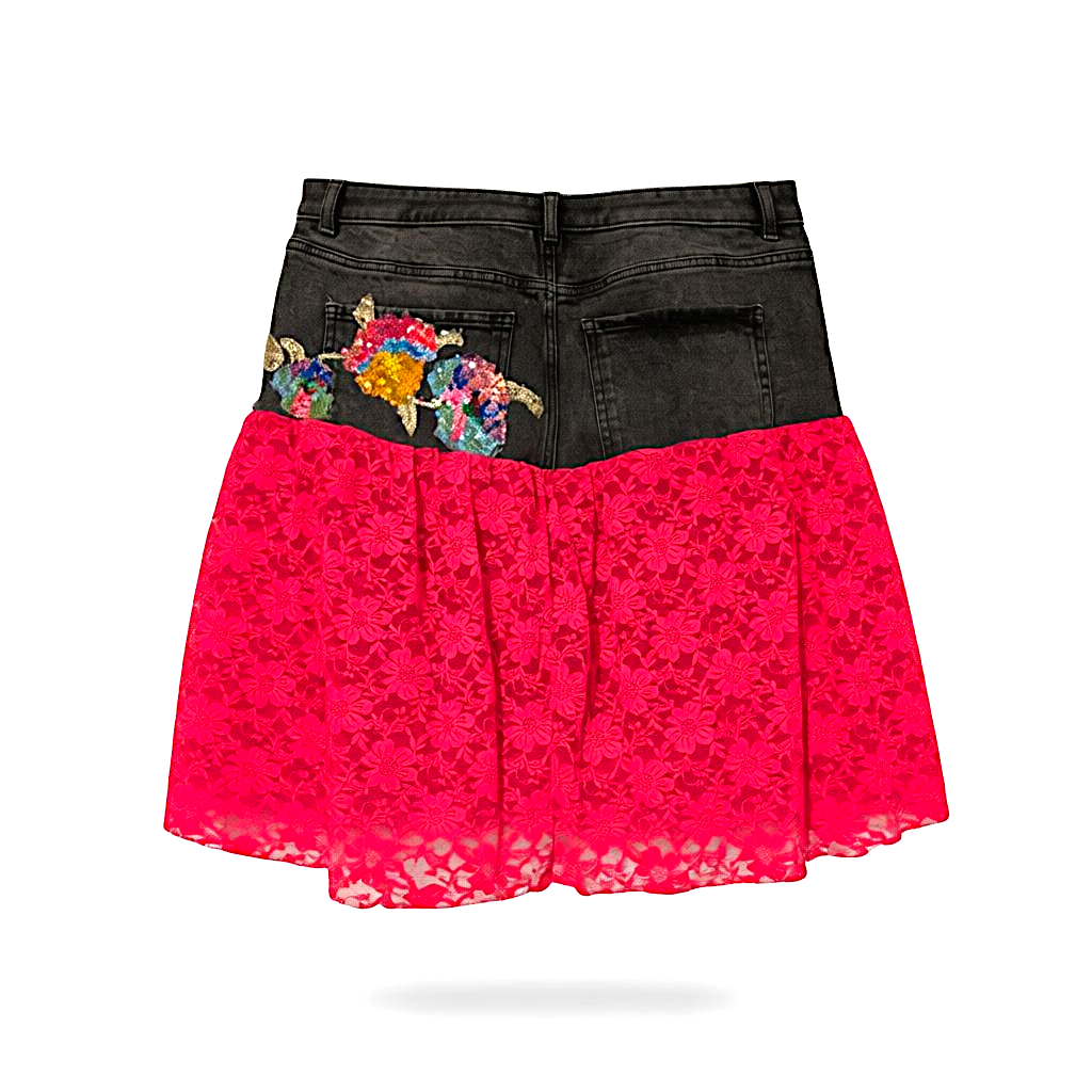 Neon lace denim patchwork skirt