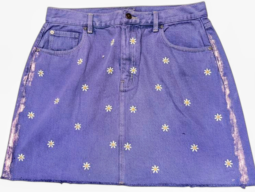 Purple daisy denim skirt