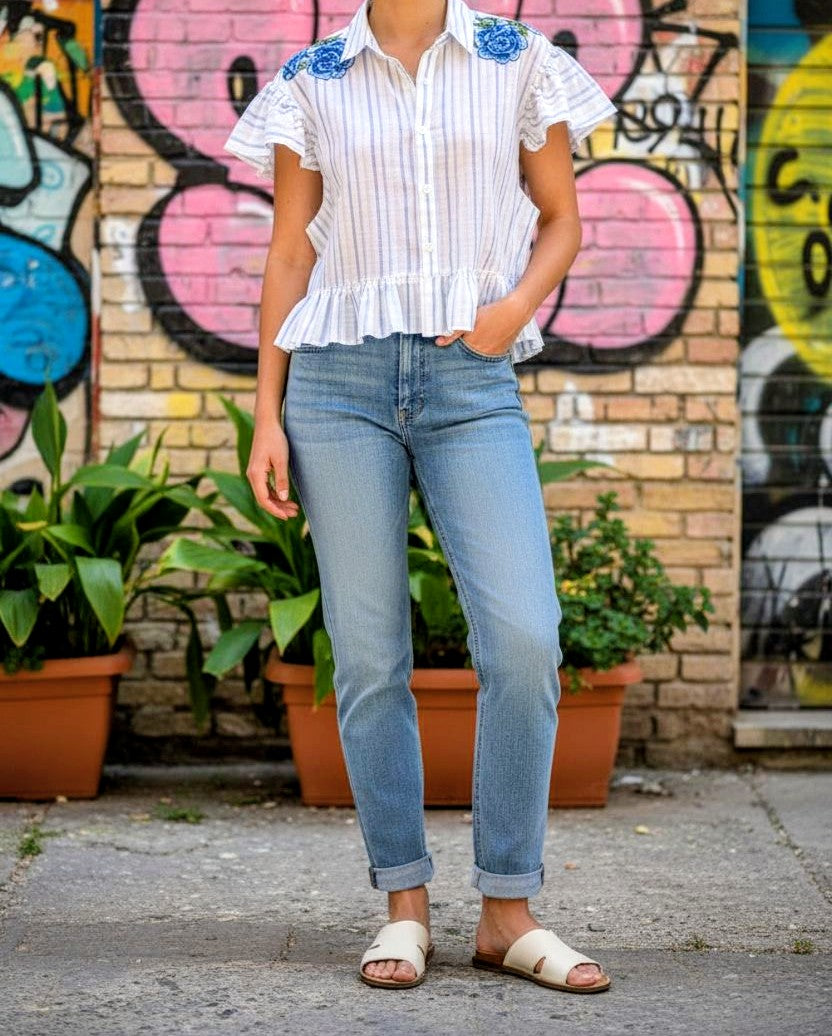 Linen stripes flower shirt