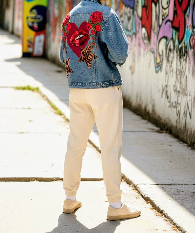 Leopard print and rosy hearts denim Jacket