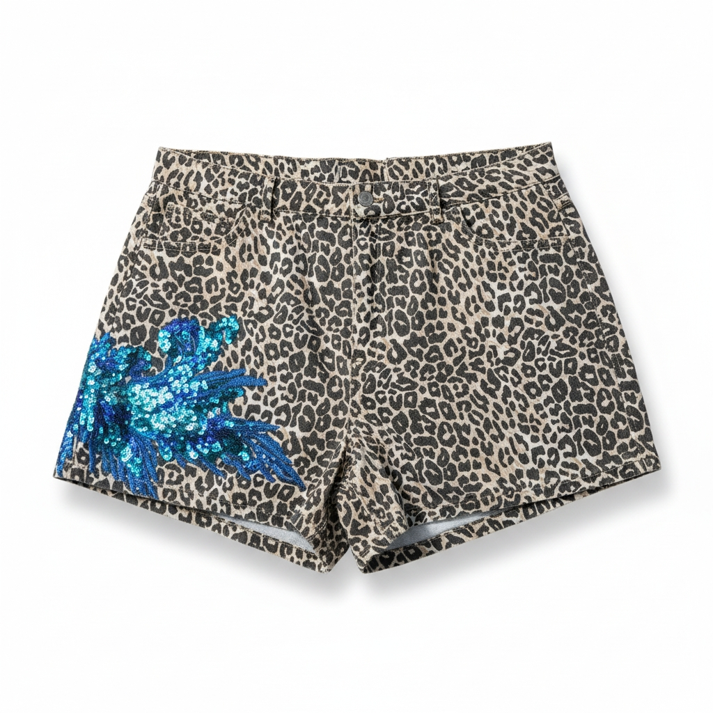 Leopard print denim shorts