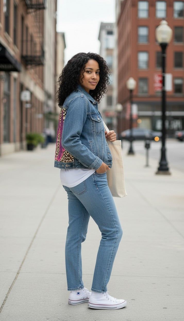 Leopard print wings Denim Jacket