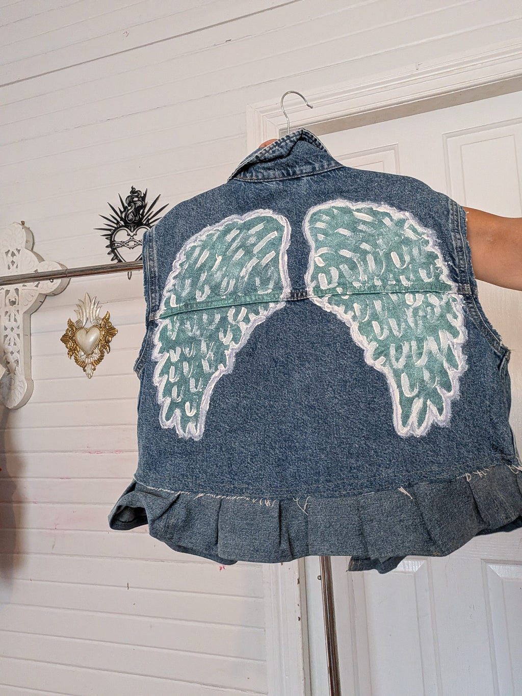 Winged denim frill vest