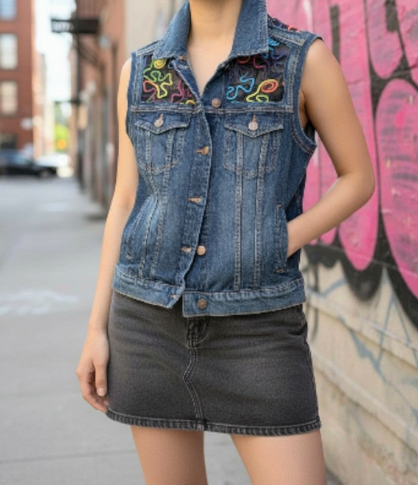 Neon embroidered tulle denim vest