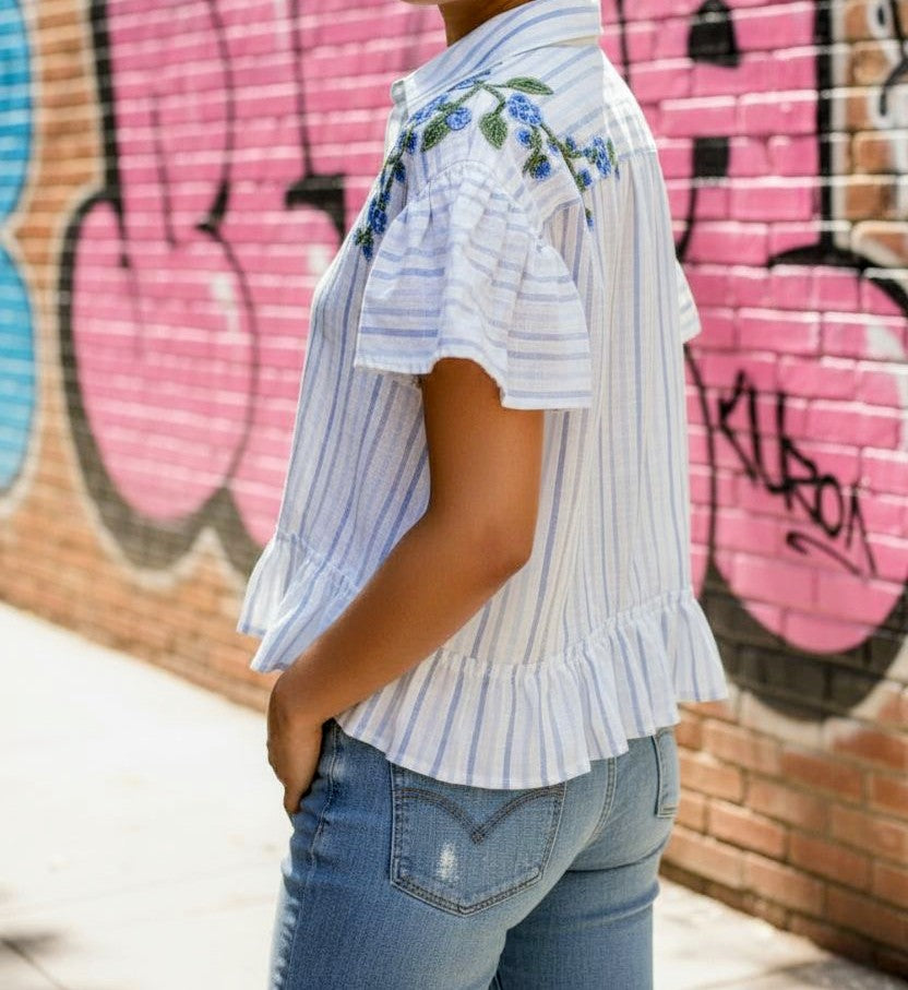 Linen stripes flower shirt