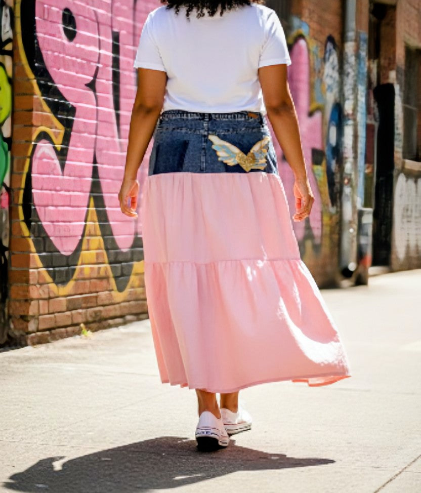 Reworked denim maxi skirt