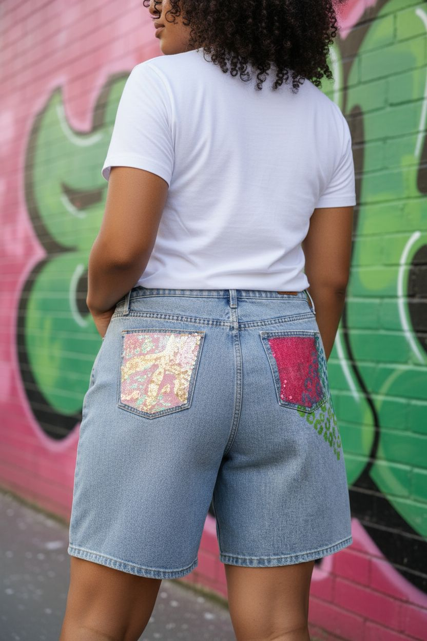 Painted denim shorts