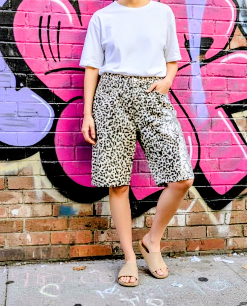Leopard sparkle denim shorts
