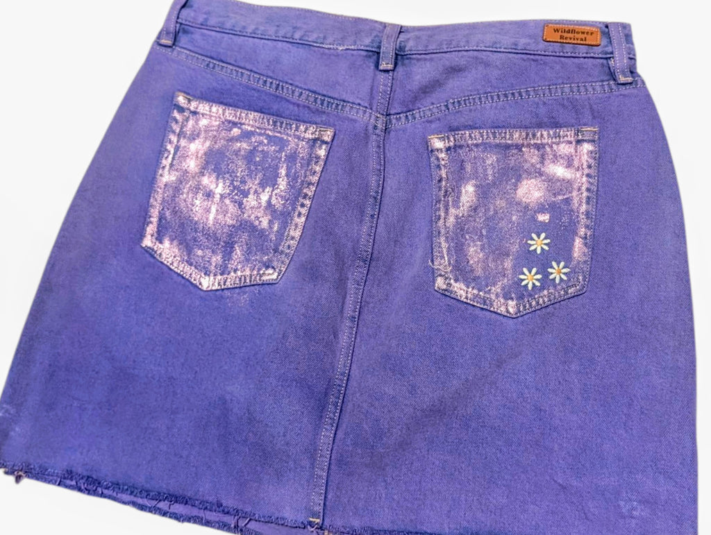Purple daisy denim skirt