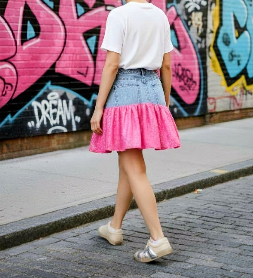 Denim hot pink sequins skirt