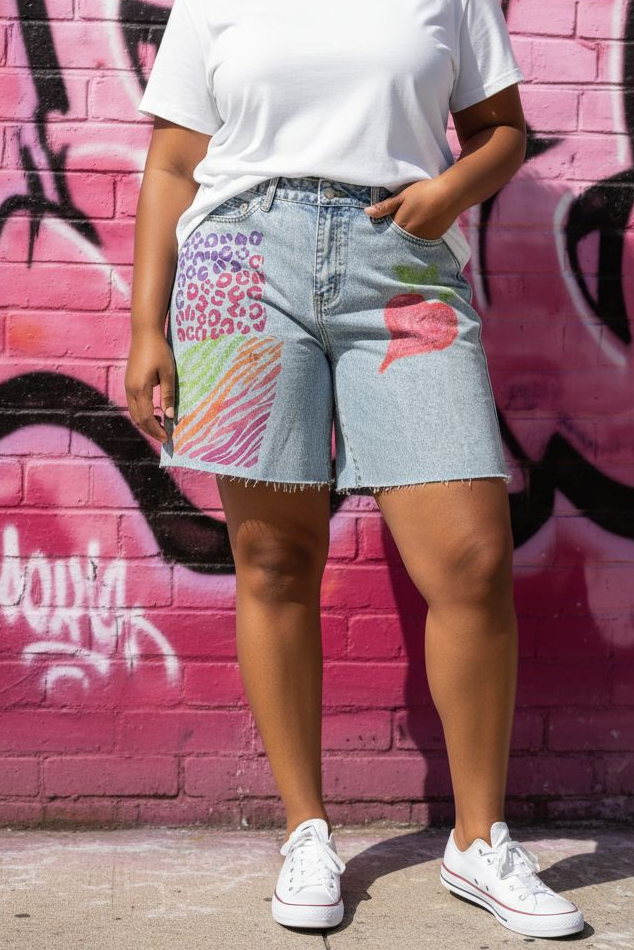 Painted denim shorts