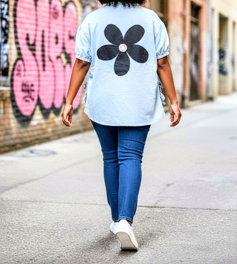 Sparkle flower tie-up shirt