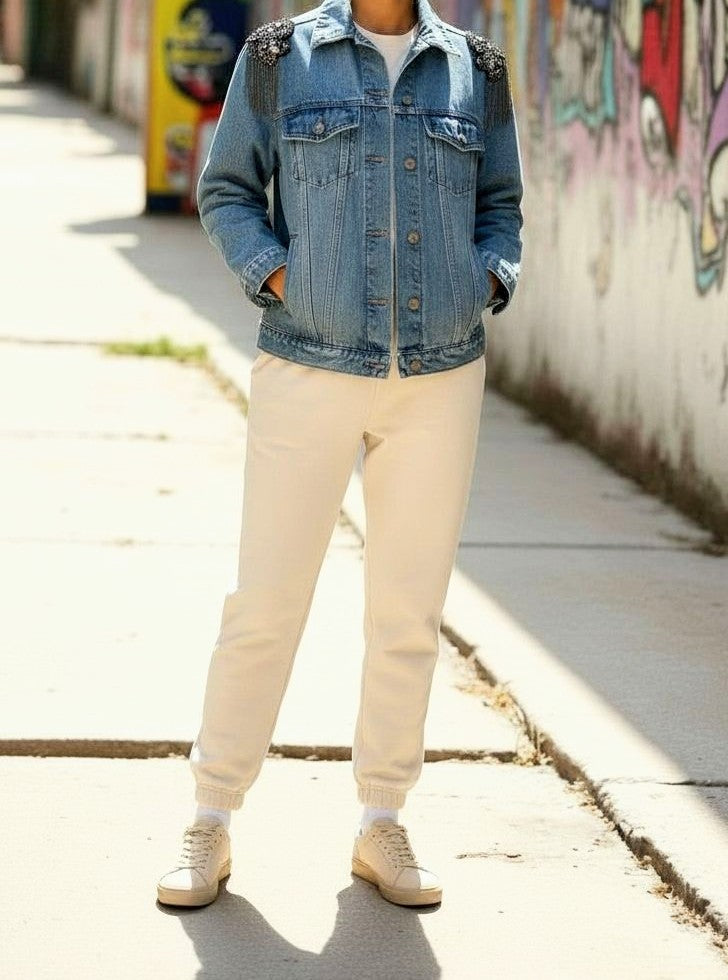Leopard print and rosy hearts denim Jacket