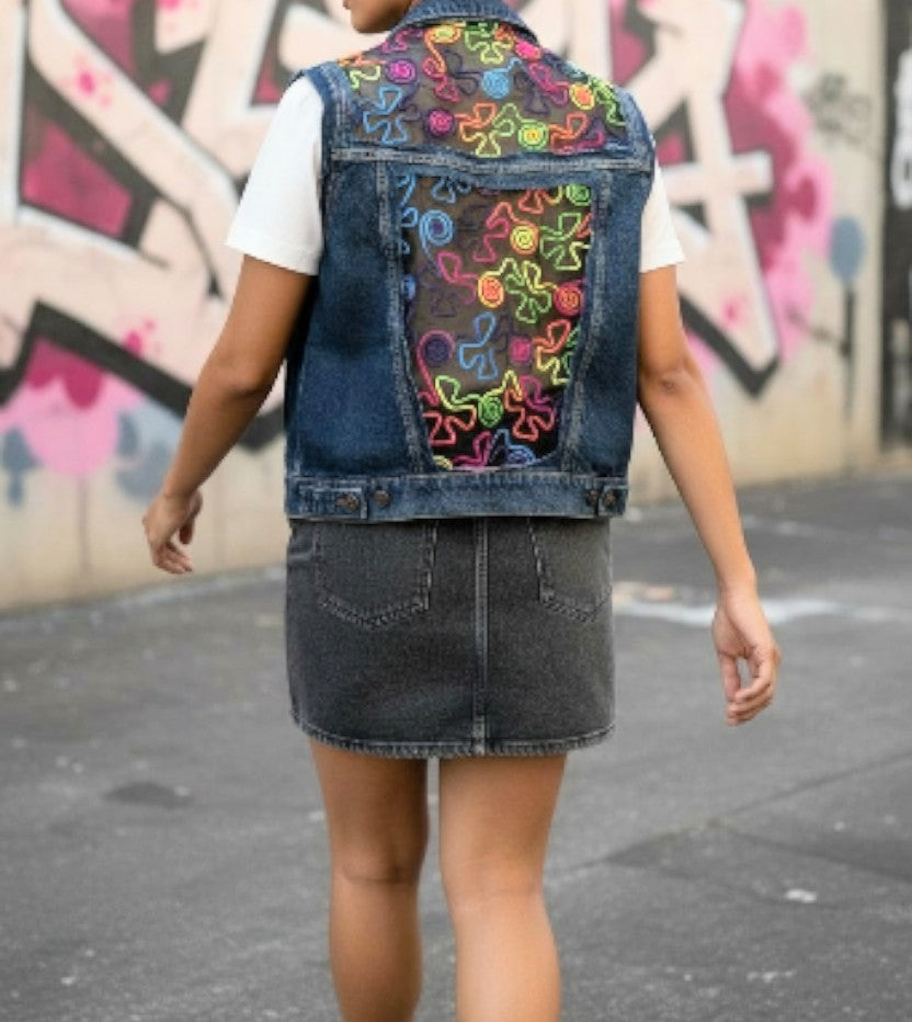 Neon embroidered tulle denim vest