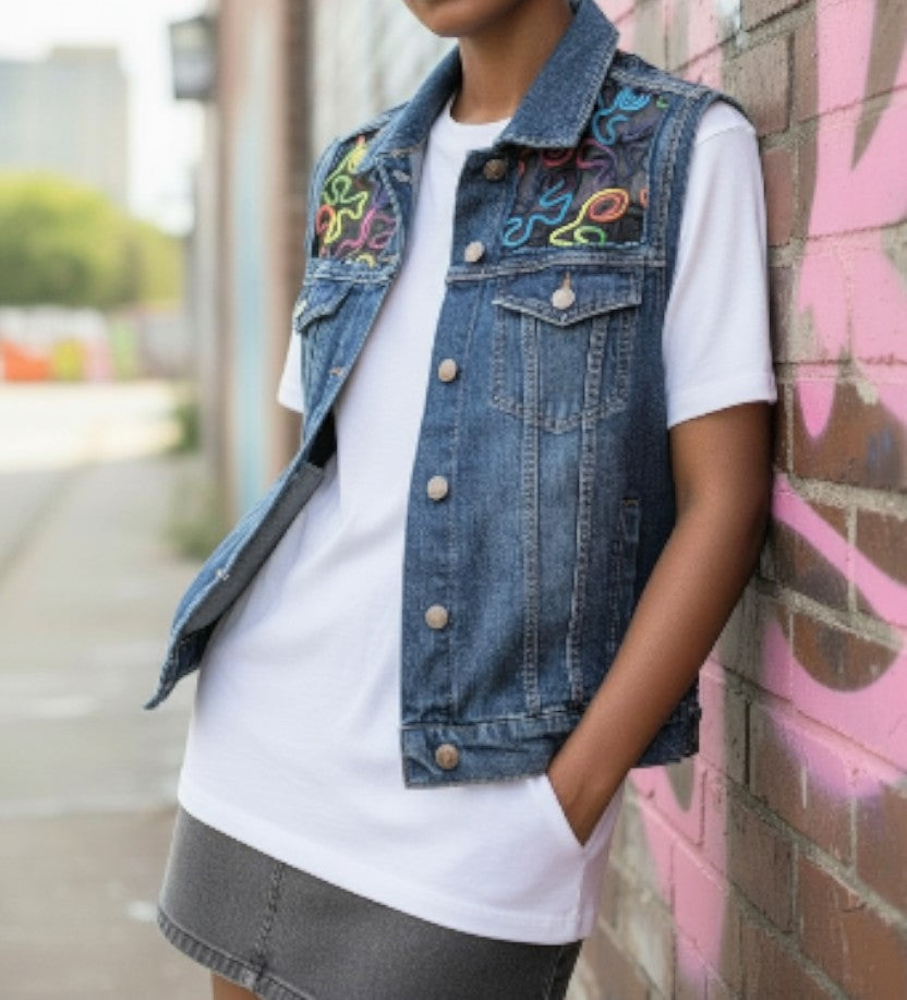 Neon embroidered tulle denim vest